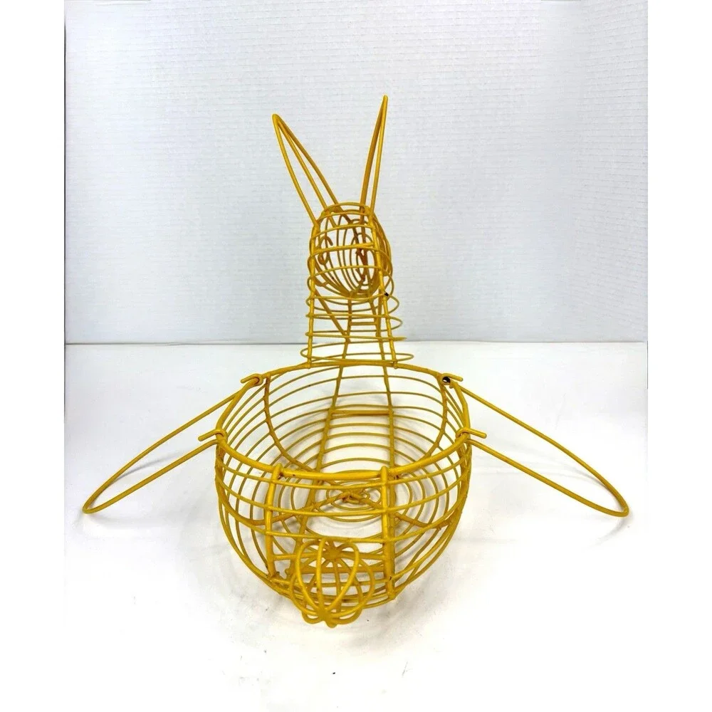 Vintage Yellow Wire Bunny Rabbit Egg Basket Decor with Handle